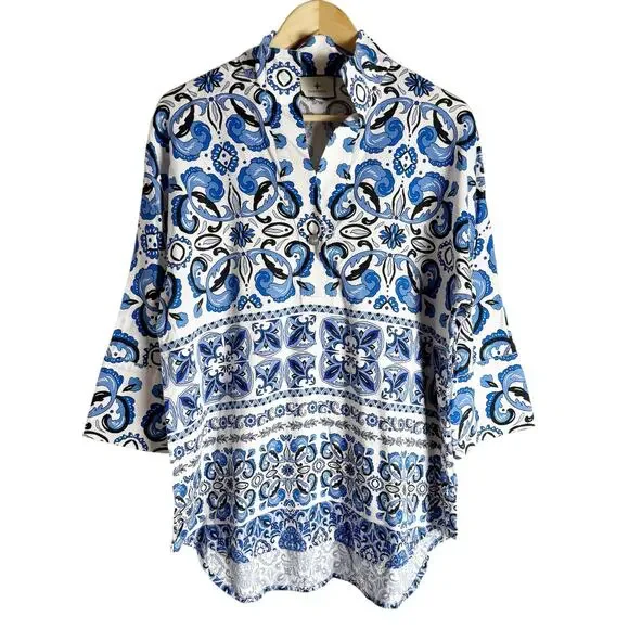 Tuckernuck Majolica Tile Print Blue White Relaxed Coastal Tunic Top Size XS - Picture 3 of 12